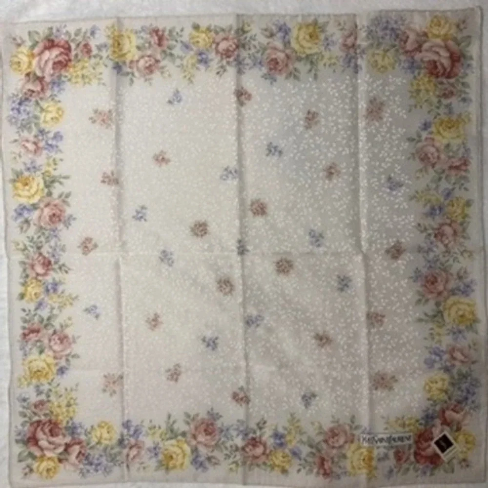 Vtg YVES SAINT LAURENT Scarf Handkerchief Floral Cotton Cream Pink Yellow 18.5